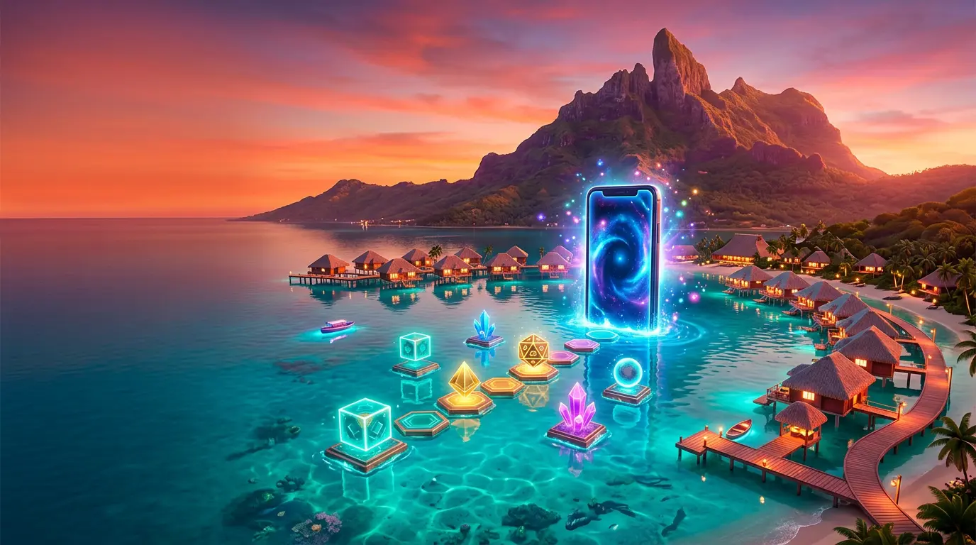A glowing smartphone portal rising from the Bora Bora lagoon at sunset